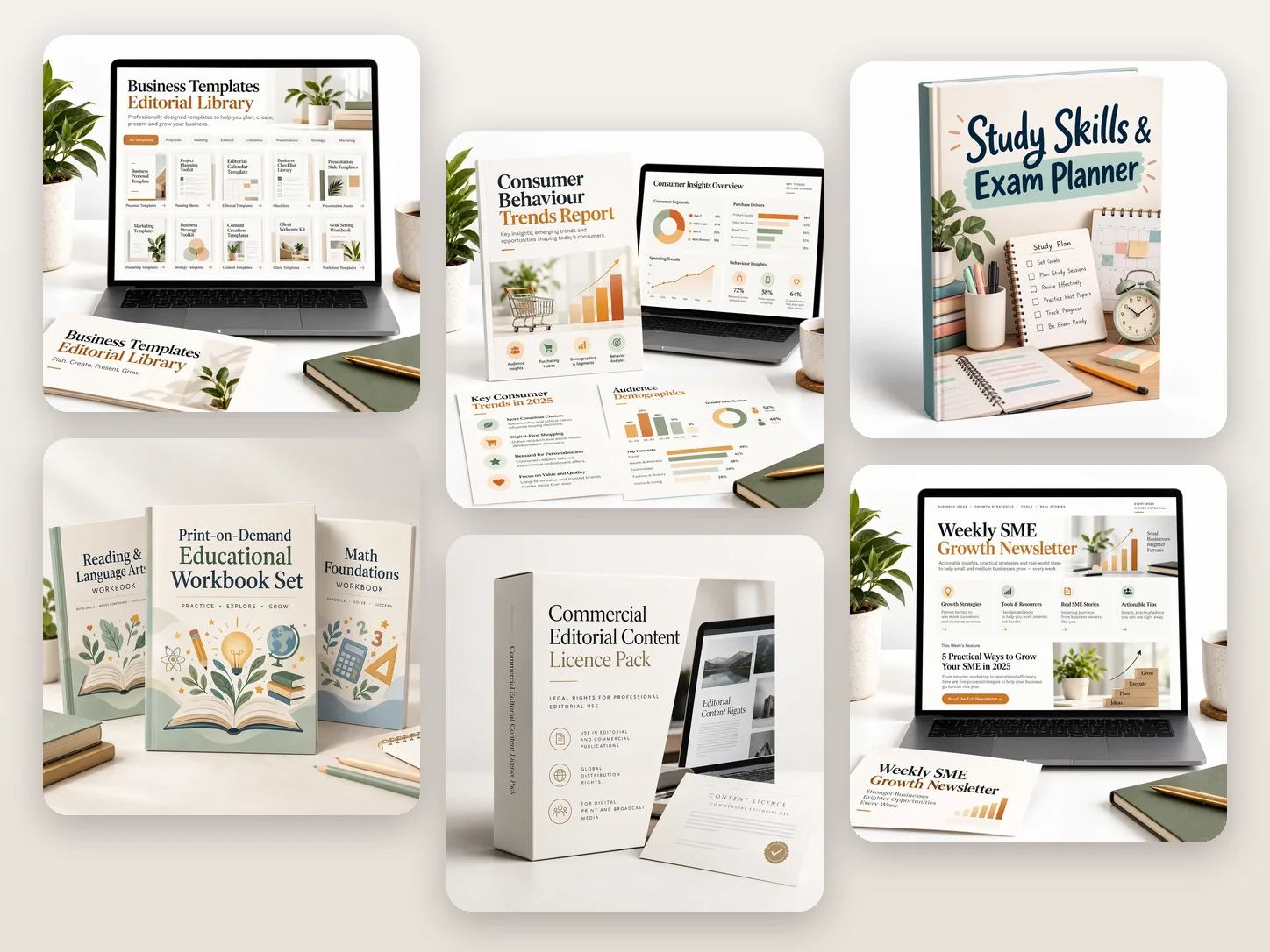 A template library, a research report, a print-on-demand workbook set, a licence pack and a study planner from the ONEPAGE PUBLISHING catalogue