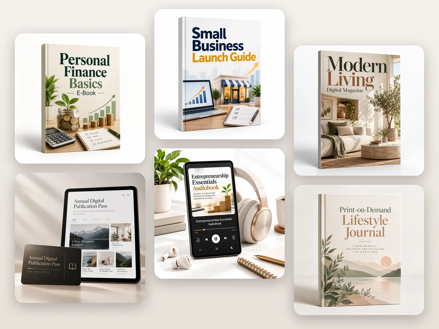 E-book covers, an audiobook player, a subscription pass and a hardcover journal from the ONEPAGE PUBLISHING catalogue
